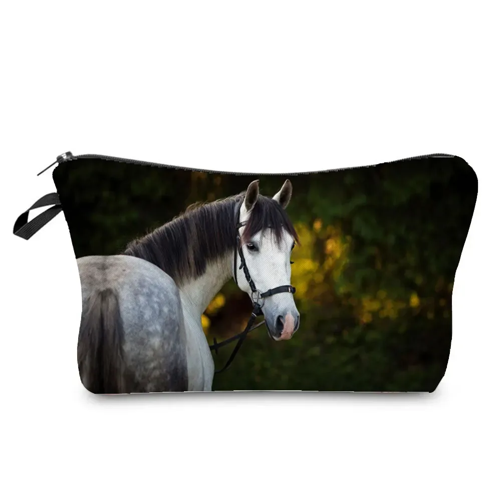 sacs de maquillage imprimés cheval pour femmes, sac à cosmétiques décontracté pour filles, mini trousse de toilette écologique réutilisable de voyage, trousse à crayons pour étudiants