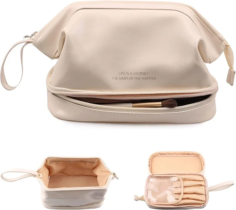 trousse de maquillage en cuir imperméable pour femmes et filles, grande trousse à cosmétiques double couche, trousse de toilette portable, trousse de rangement de maquillage, trousse de voyage