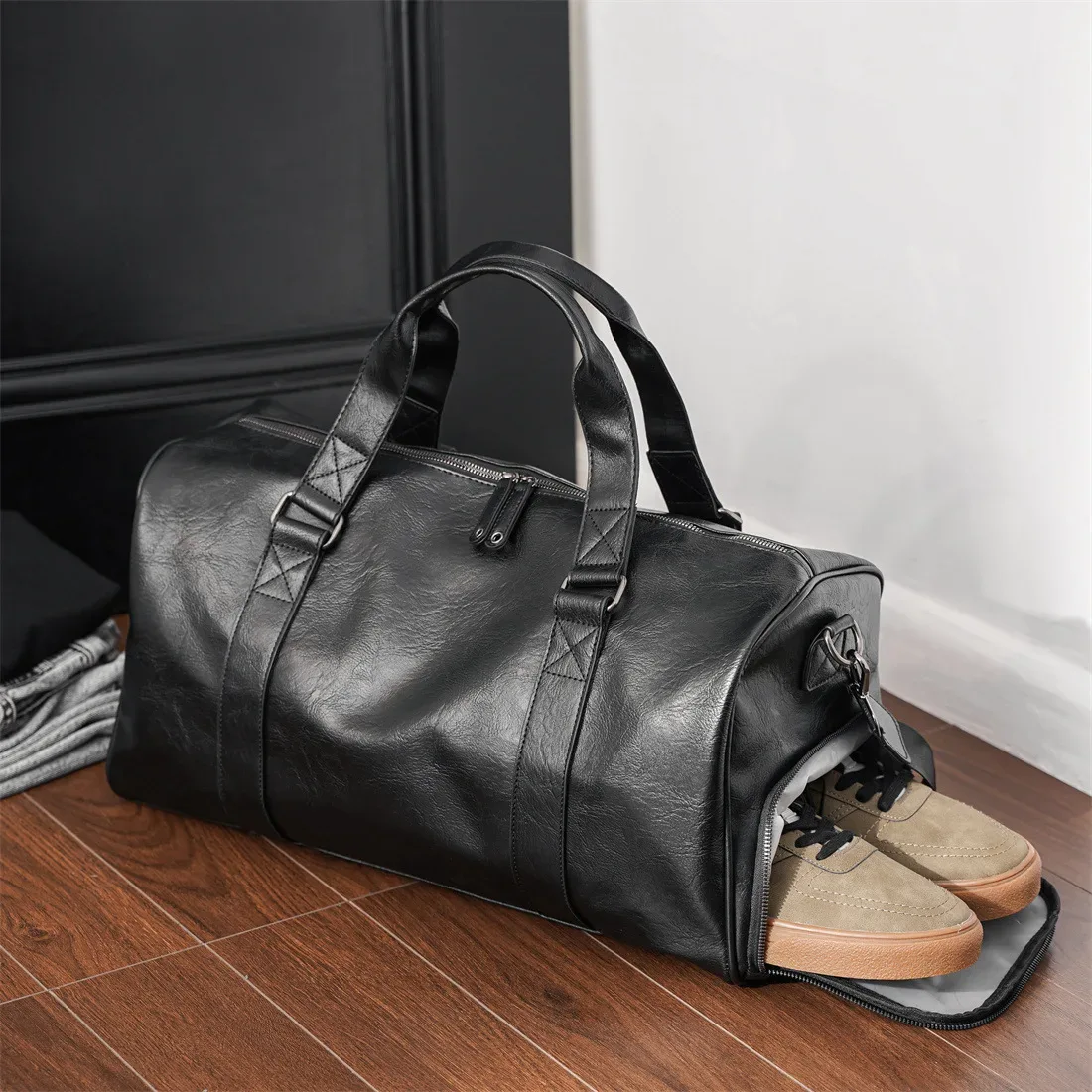 Sac de voyage en cuir pour homme avec compartiment à chaussures, durable, grande capacité, sac de voyage pour week-end, pour avion, salle de sport