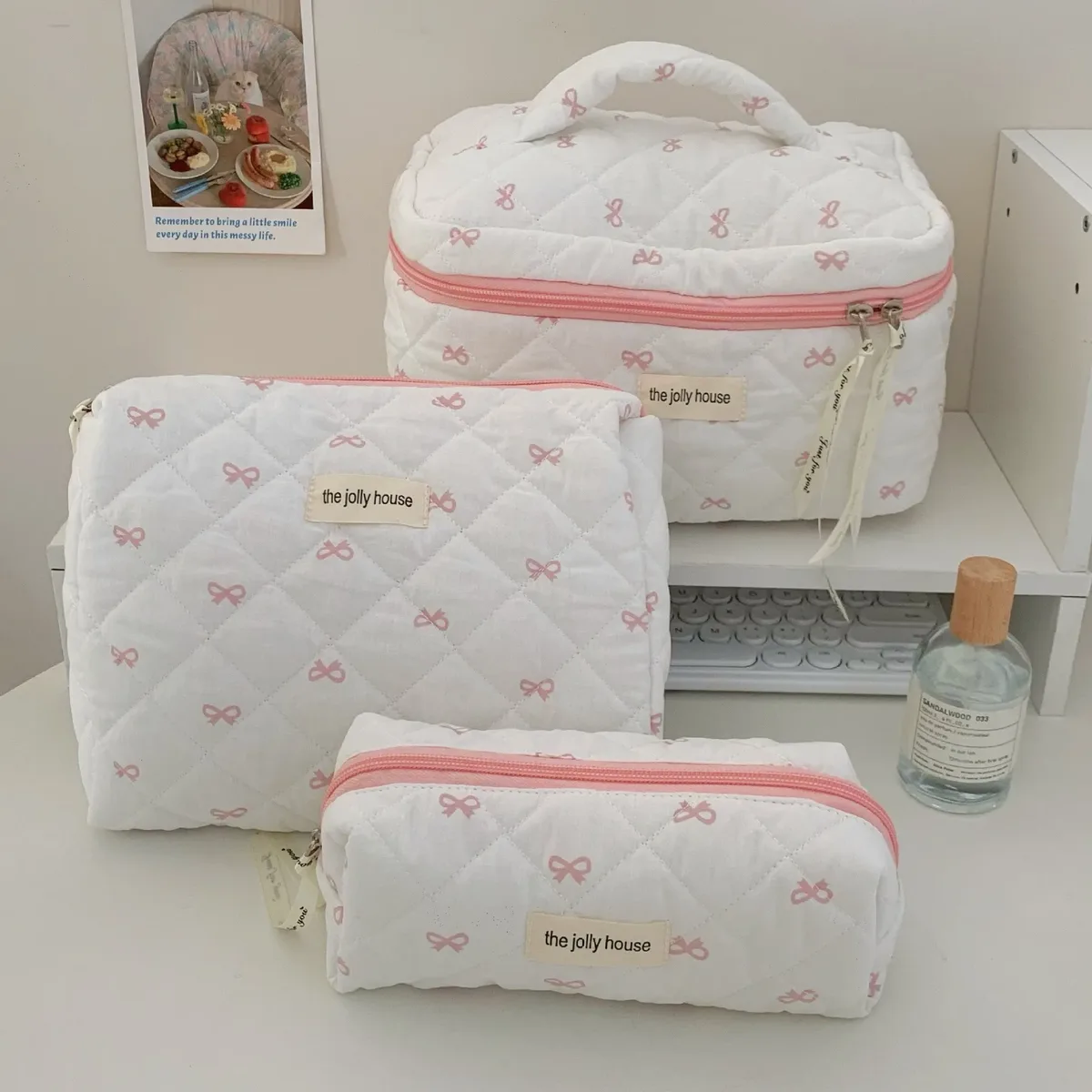 mode cerise fourre-tout femmes sac de maquillage portable mignon dames cosmétique toilette pochette de rangement sac à main coton matelassé sac à fermeture éclair