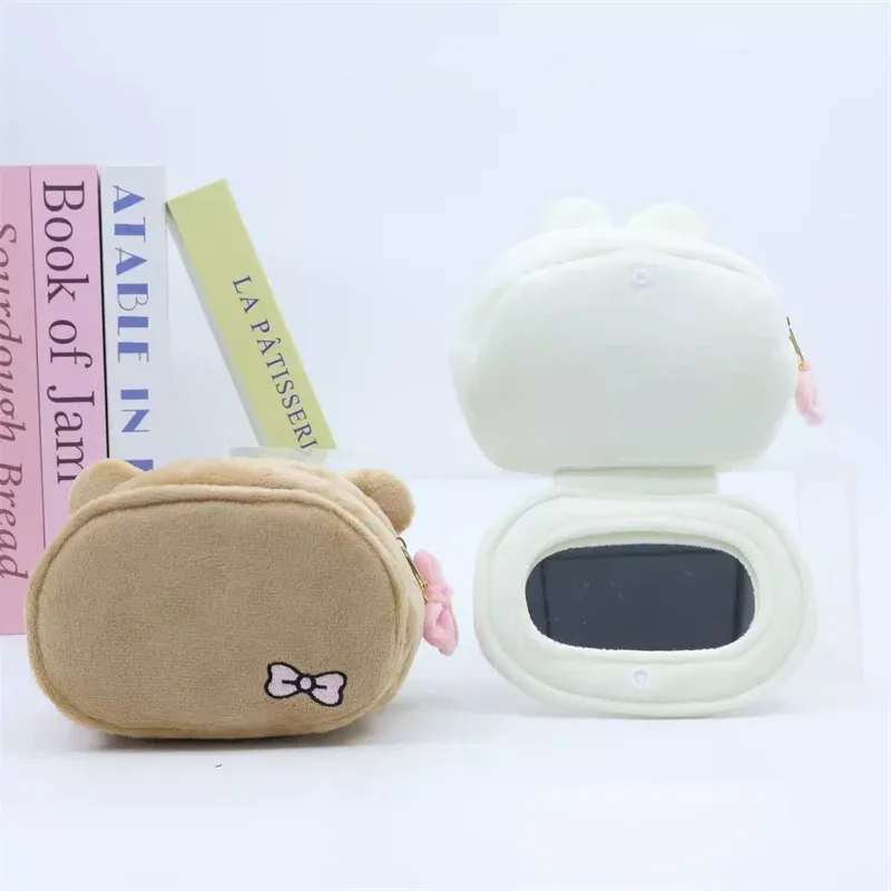 rilakkuma korilakkuma bow sac de maquillage en peluche avec miroir organisateur de rangement anime ours kawaii mignon voyage sac cosmétique pochette