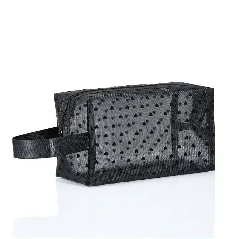 neceser noir coeur voyage sac cosmétique mode maille petit grand sac de toilette pochette de rangement de maquillage sac cosmétique à fermeture éclair transparente