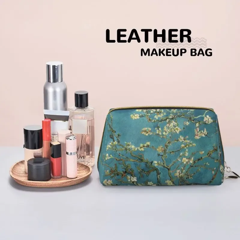 vincent van gogh fleur d'amande grand sac de maquillage de voyage sacs à cosmétiques en cuir sac de rangement pour femmes pochette de toilette étanche