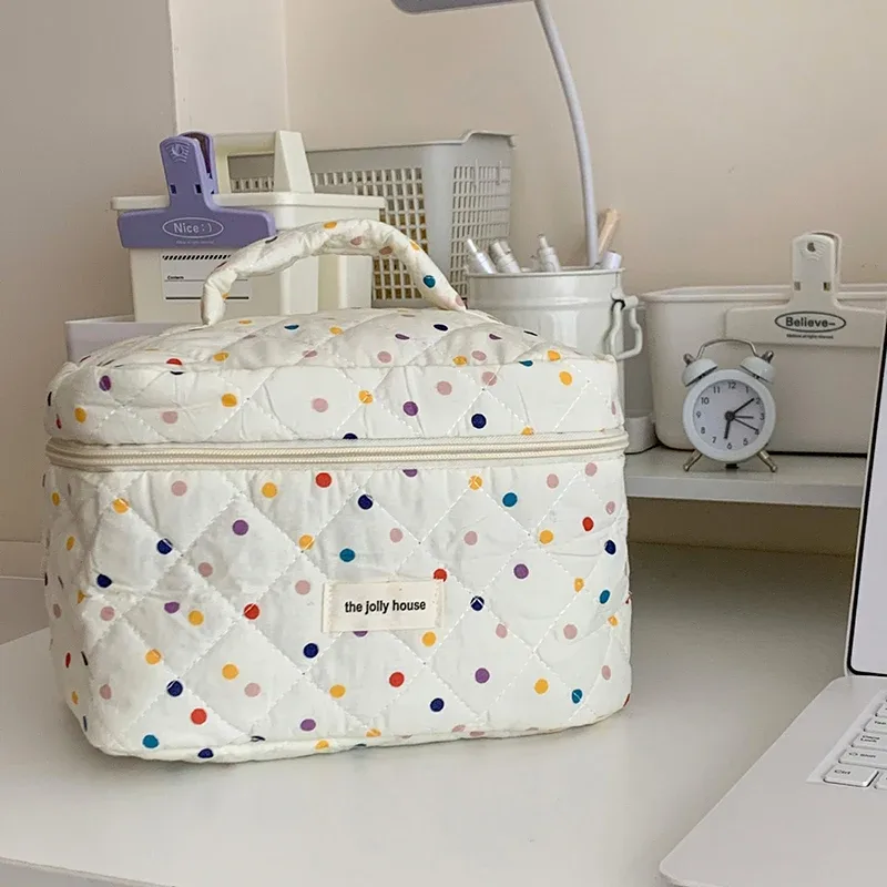 sac à main matelassé à pois colorés pour femmes, fourre-tout portable de grande capacité, sacs de rangement de maquillage de voyage, sacs à main en coton, cadeau