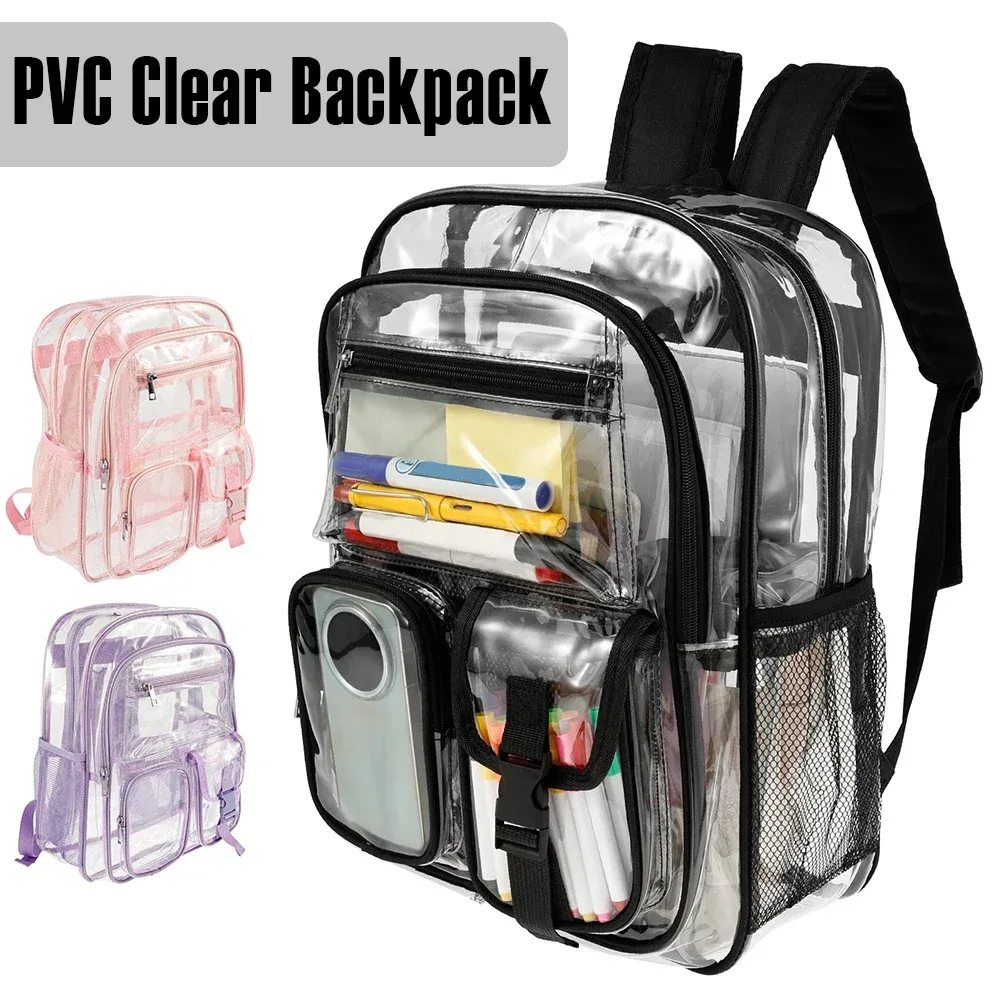 Sac à dos transparent en PVC multi-poches, avec bretelles élargies, grande capacité, sac à dos de sport tendance pour étudiants