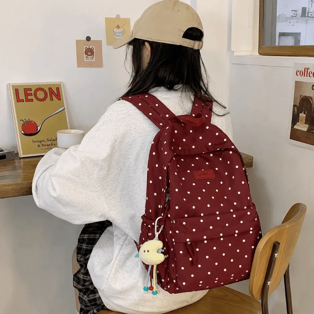 sac à dos à pois de style minimaliste, double épaule, grande capacité, mignon, léger, imperméable, pour l'école et l'ordinateur portable.