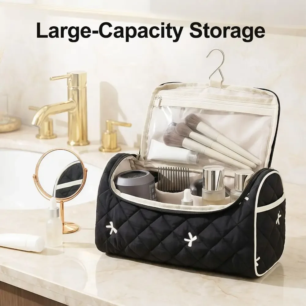trousse de toilette tendance matelassée, trousse à maquillage portable avec nœud, sac de voyage grande capacité de haute qualité pour sèche-cheveux pour femme