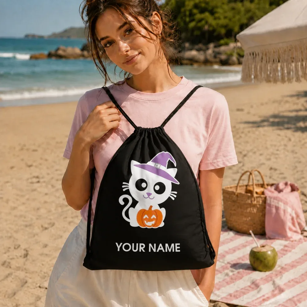sac à cordon personnalisé avec nom, motif chat d'halloween, chapeau de sorcière, citrouille, sac à trucs ou fripes pour enfants, sac à dos 34x41cm
