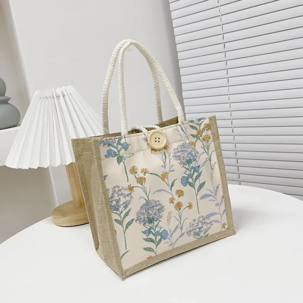sac fourre-tout en lin avec fermoir à bouton, sac à lunch en poudre, sac fourre-tout, sac à main à bento, impression de fleurs mignonnes, sac à bento alimentaire pour pique-nique