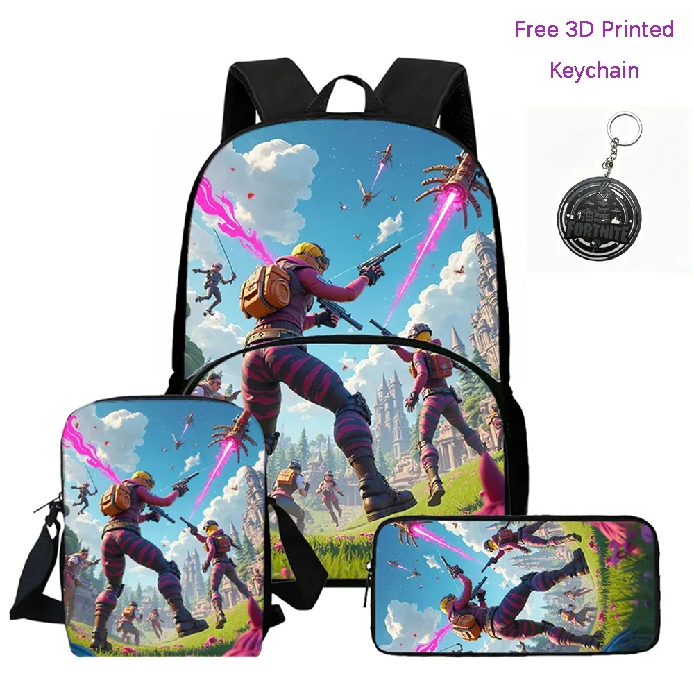 fortnite – sac à dos léger avec poche avant, sac bandoulière et trousse à crayons, pour garçons et filles de 5 à 10 ans, porte-clés imprimé en 3d gratuit, 3 pièces