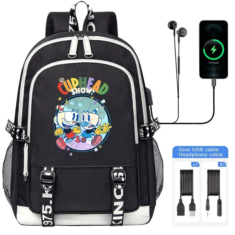 cuphead mugman sacs d'école pour adolescent usb charge sac à dos pour ordinateur portable garçons filles étudiant livre sac mochila sac de voyage