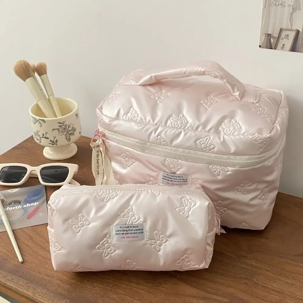 Sac à cosmétiques en matériau PU, compartiment de rangement, décoration d'arc, trousse de toilette multifonction à fermeture éclair, sac à main de maquillage, rangement de maquillage