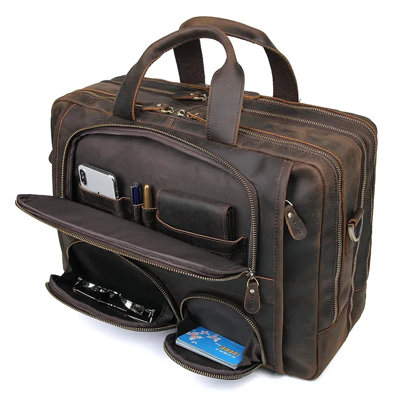 17.3 pouces mallette pour ordinateur portable en cuir véritable pochette d'ordinateur voyage d'affaires fourre-tout sacs à main pour hommes mâle grand bref étui sac rétro