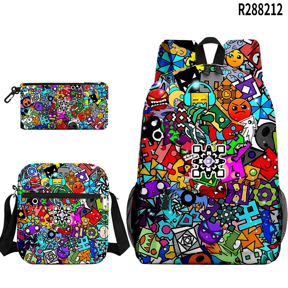 populaire cool geometry dash 3d imprimé 3 pièces/ensemble sacs d'école pour élèves sac à dos pour ordinateur portable sac à dos sac à bandoulière incliné trousse à crayons