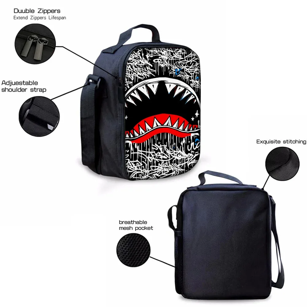 ensemble de 3 sacs à dos légers à motif requin style graffiti, grande capacité, pour l'école, les voyages, sac à bandoulière, trousse à crayons, cadeau