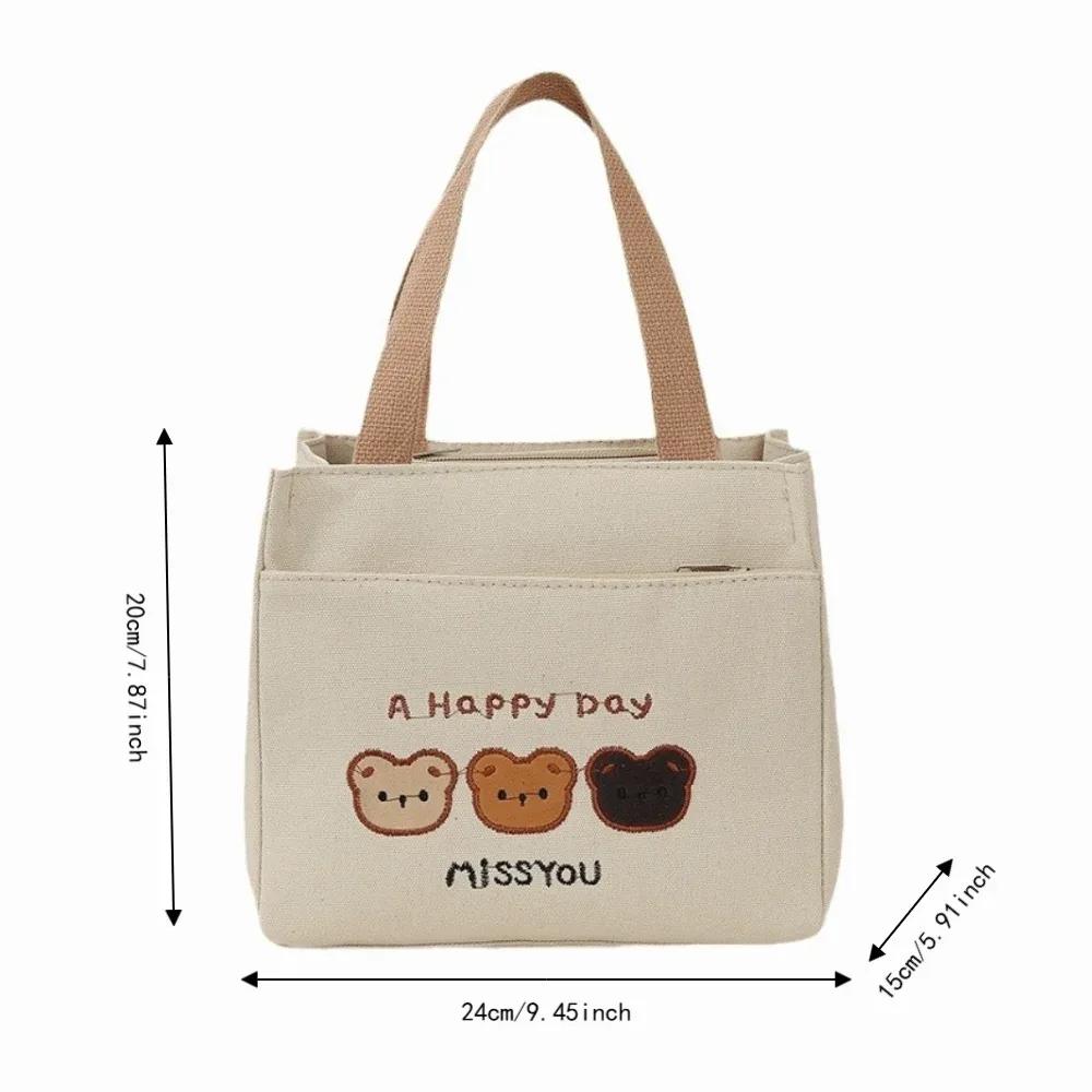 sac fourre-tout décontracté et mignon avec broderie 3 ours, fermeture éclair, grande capacité, sac à déjeuner en toile, pochette de rangement légère et réutilisable pour pique-nique