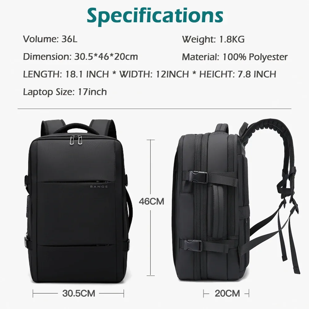 bange – sac à dos de voyage extensible pour hommes, avec compression sous vide, pour ordinateur portable de 17 pouces, grand sac à dos d'école d'affaires pour la randonnée