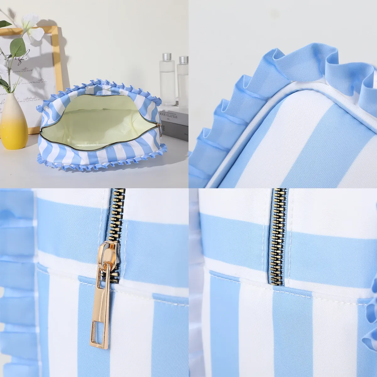 sac à cosmétiques à volants, pochette de voyage en nylon pour maquillage pour femmes et filles, grand organisateur de toilette multifonction, rangement à fermeture éclair étanche