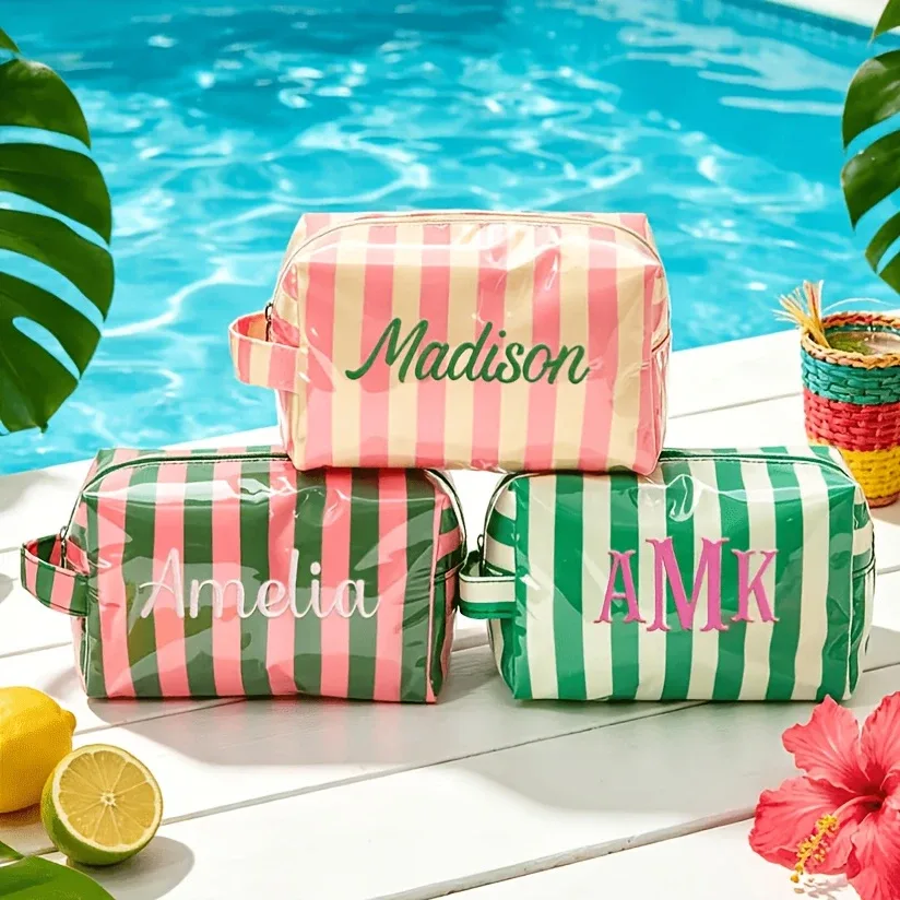 pochette cosmétique rayée personnalisée, imperméable, multifonctionnelle, portable, idéale pour les voyages, parfaite pour les mariages et les cadeaux de plage d'été