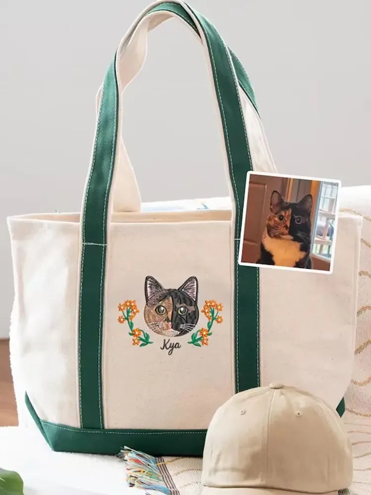 sac fourre-tout en toile personnalisé avec portrait d'animal de compagnie, cadeau pour maman de chien ou de chat, grande capacité, fermeture éclair intérieure, sac à bandoulière pour les trajets quotidiens