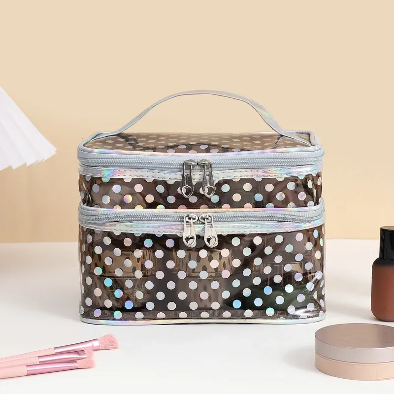 trousse de maquillage double couche en pvc transparent à pois, trousse de maquillage multifonctionnelle portable et étanche, grande capacité, rangement de voyage