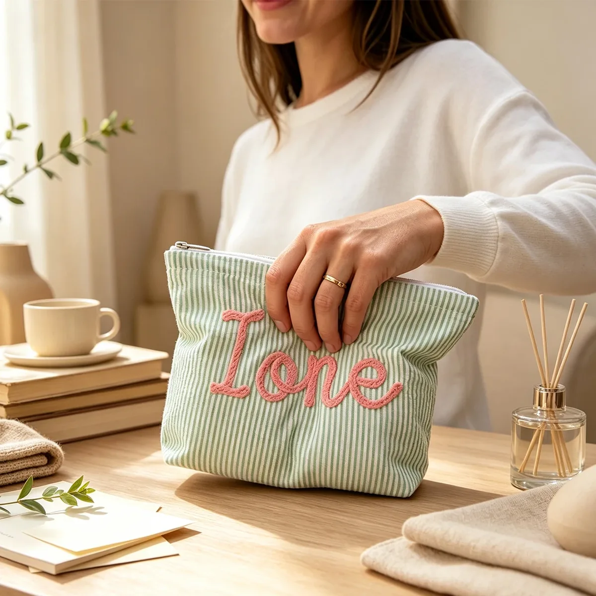pochette à maquillage personnalisée en seersucker, pochette cosmétique en chenille avec nom, trousse de toilette de voyage, cadeau pour elle