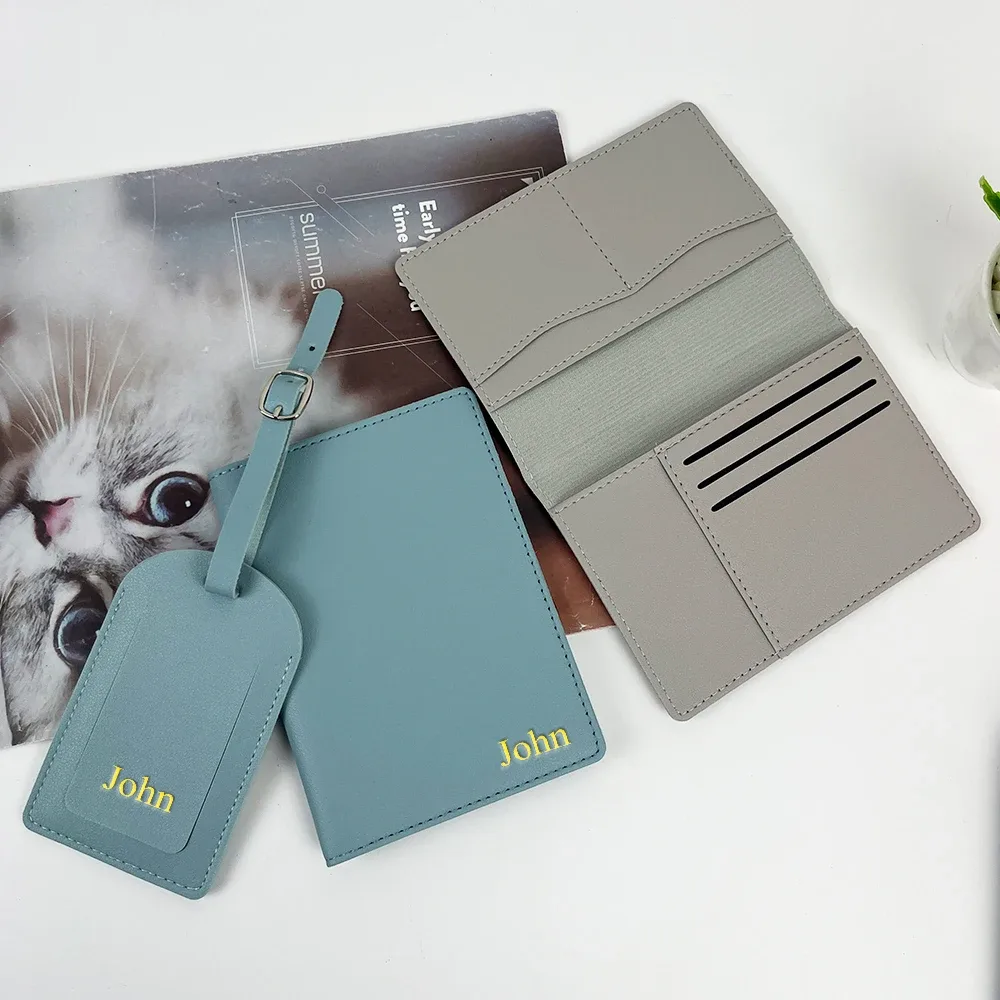 ensemble cadeau de porte-passeport en cuir pu personnalisé avec nom, porte-bagages, porte-cartes multi-fentes, portefeuille grande capacité, porte-passeport