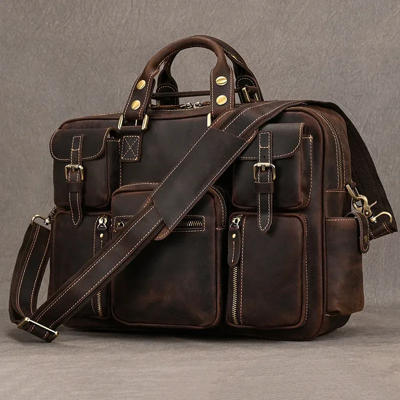 serviette vintage en cuir de cheval fou pour hommes, grand ordinateur portable, sac d'affaires en cuir véritable, fourre-tout de travail, sac de voyage, sacoche en cuir de vache
