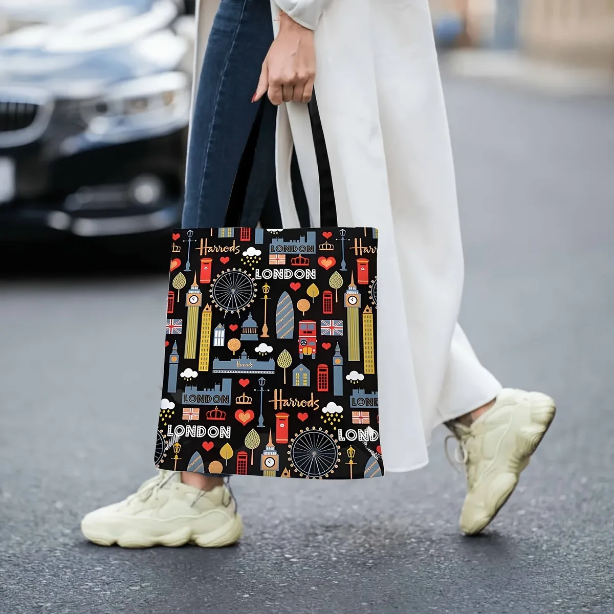 sac fourre-tout pour femme avec motifs emblématiques de londres, sac à bandoulière ouvert, imprimés big ben, taxi londonien et bus rouge, en polyester durable, pour tous les jours