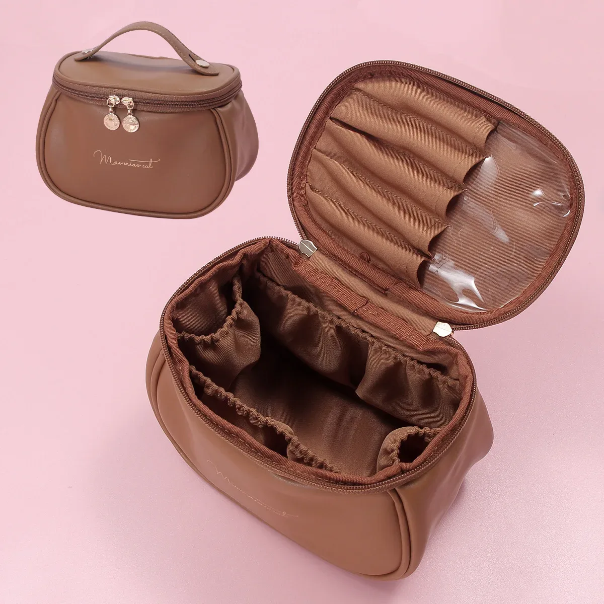 sac de maquillage portable en pu, grande pochette cosmétique imperméable, avec poignées, sac de rangement multifonctionnel pour articles de toilette de voyage