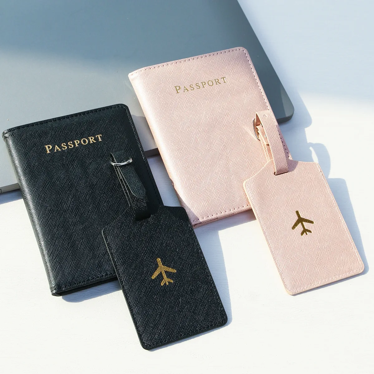 couverture de passeport avec pièces d'étiquettes de bagages, porte-passeport, étiquette de valise de voyage, observateur, accessoires de voyage à la mode, avion, 2 pièces