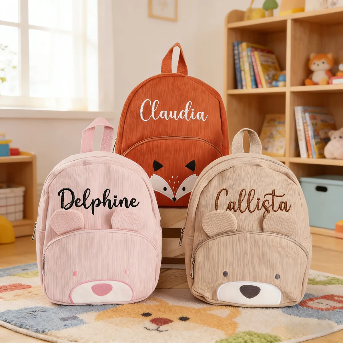 sac à dos personnalisé en velours côtelé avec nom brodé pour enfant, cadeau d'école pour tout-petit, sac d'anniversaire motif ours ou renard