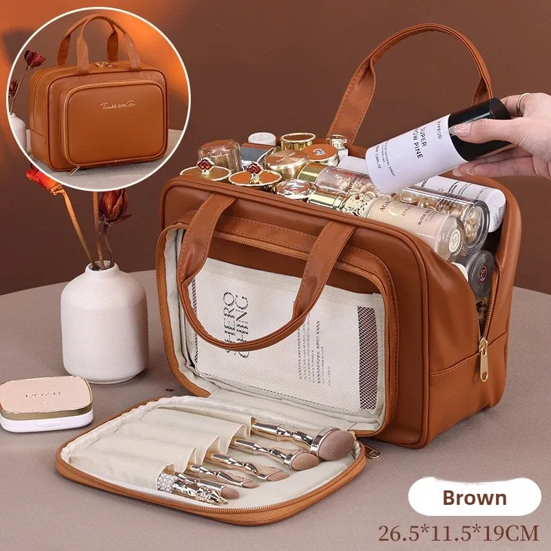 nouveau sac à cosmétiques en cuir pu pour femmes, sac de rangement portable multifonctionnel pour maquillage, sac de rangement de toilette de voyage de grande capacité