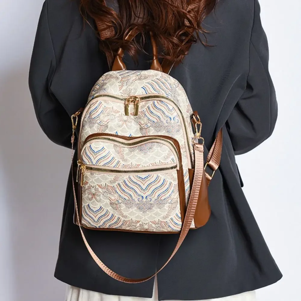 sac à dos décontracté pour femmes de grande capacité, en pu, style ethnique, sac à bandoulière polyvalent, avec poignée supérieure, broderie imprimée, mini sac à dos de voyage.