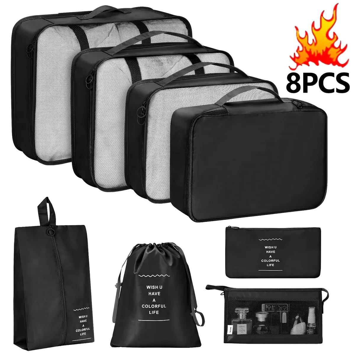 7 pièces/ensemble organisateur de voyage sacs de rangement valise emballage cubes ensemble étuis portable bagages vêtements chaussure bien rangé pochette pliante.-zmt