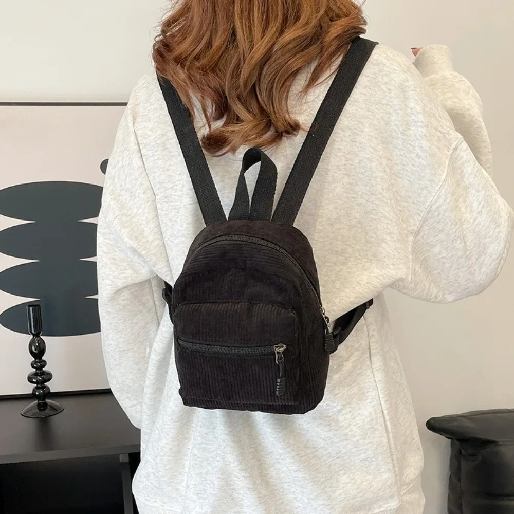 sac à dos mini en velours côtelé de couleur unie, léger, avec fermeture éclair, double bandoulière, multi-poches, style vintage, pour le quotidien et les voyages
