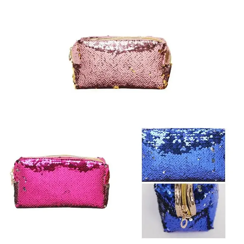 trousse de maquillage portable pour femme, paillettes, fermeture éclair, brosse, trousse de toilette, trousse à cosmétiques, évaluation, voyage