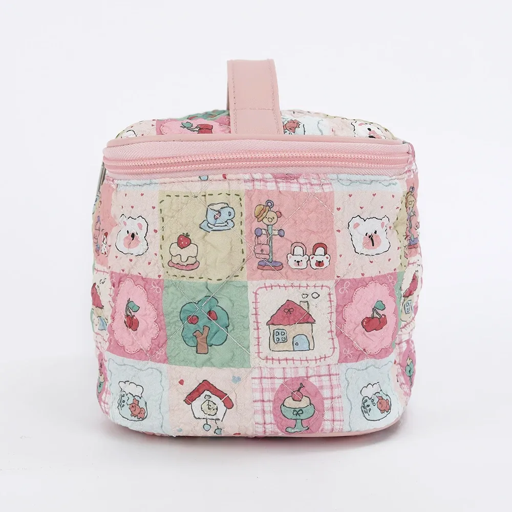 trousse de maquillage mignonne, nouveau style à carreaux avec chat, rangement portable à compartiments, grande capacité pour les voyages et les articles de toilette à porter à la main