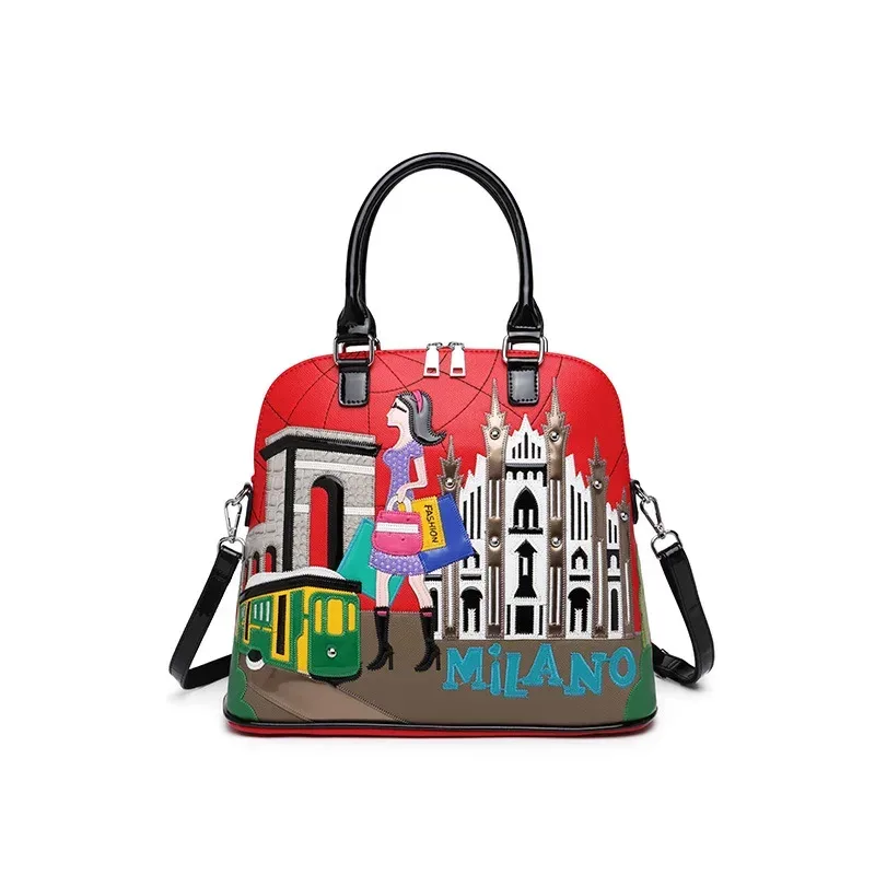 sac à dos en cuir avec broderie patchwork pour femme, cartable preppy, sac d'étudiant, sac de voyage, fourre-tout, style braccialini, dessin animé milan