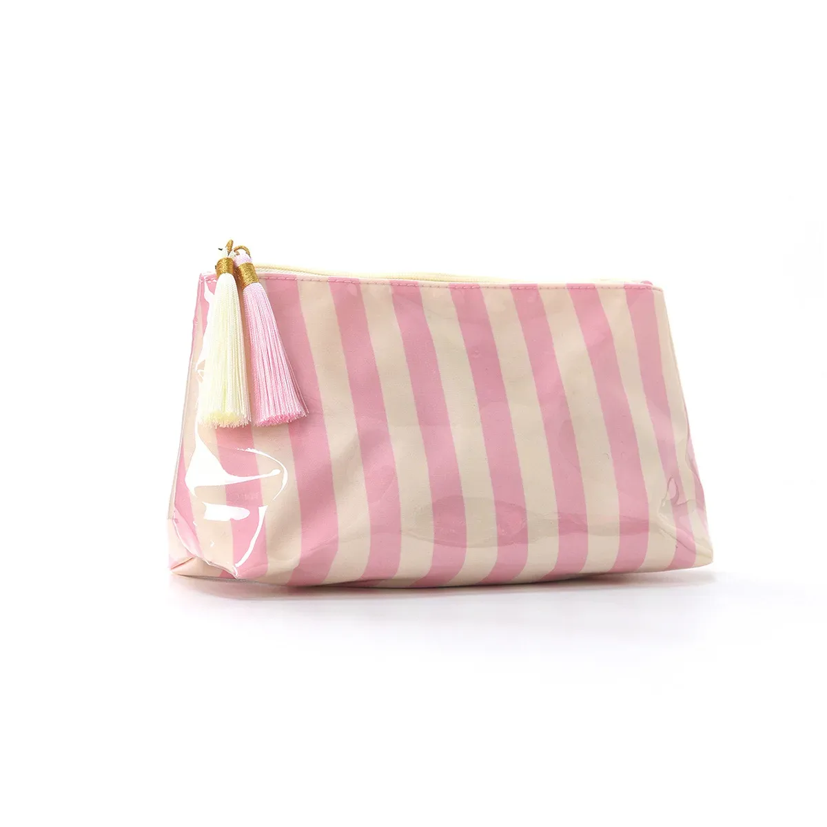 nouvelle trousse de maquillage rayée 2026 avec fermeture éclair et pompon, pochette de rangement imperméable pour cosmétiques et articles de toilette de voyage