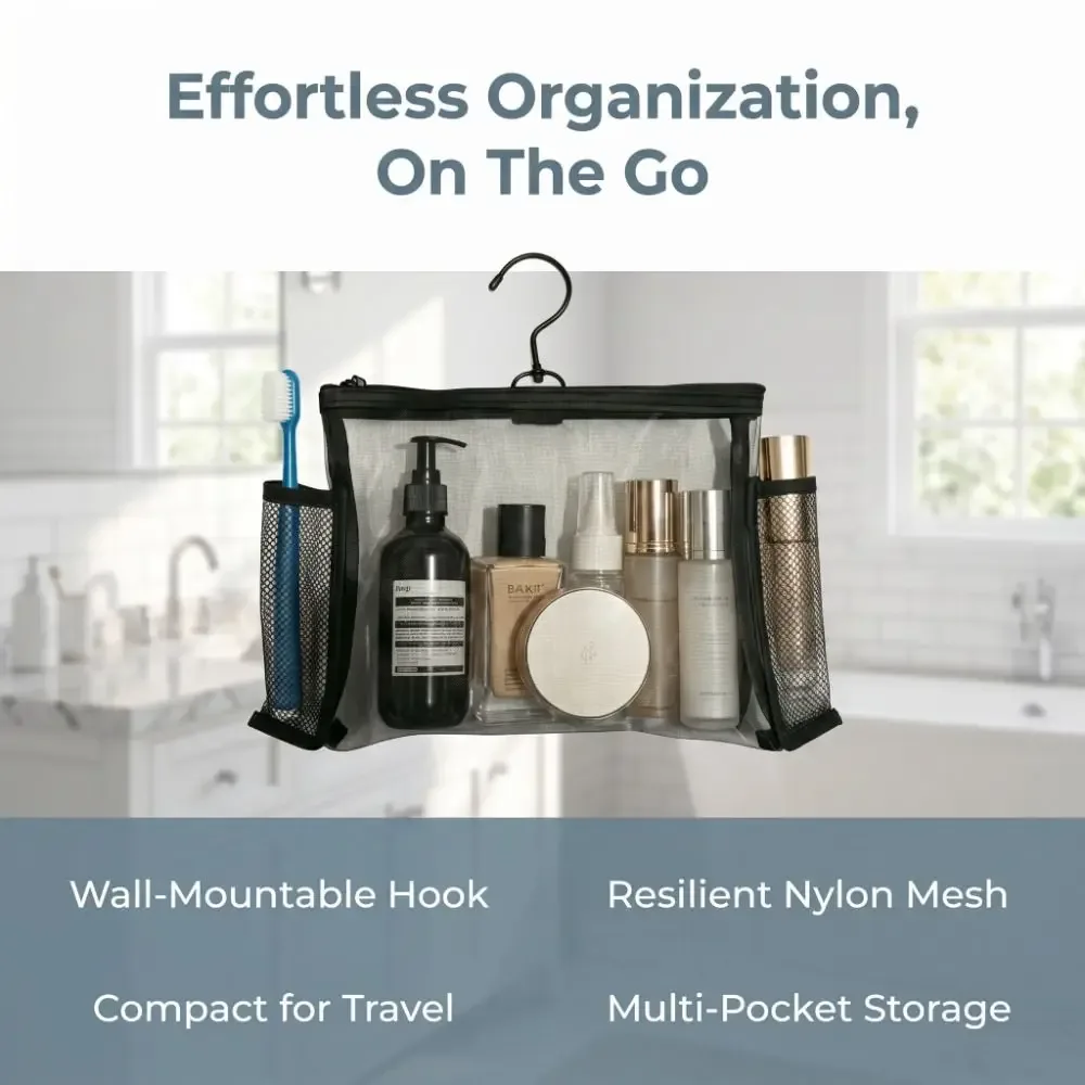 sac de rangement spécialisé en maille transparente avec crochet, organisateur de toilette, étui suspendu, organisateur de maquillage creux pour voyage.