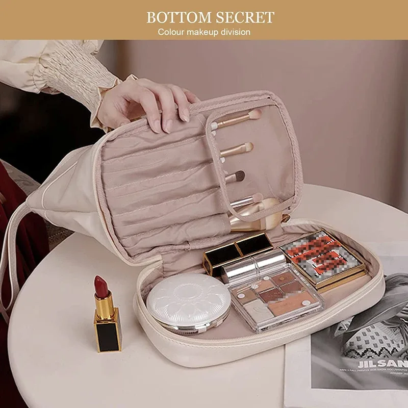 trousse de maquillage en cuir imperméable pour femmes et filles, grande trousse à cosmétiques double couche, trousse de toilette portable, trousse de rangement de maquillage, trousse de voyage