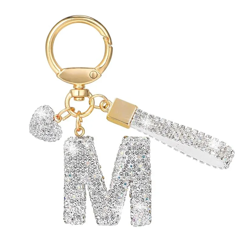 porte-clés avec lettres blanches brillantes, alphabet a-z pour porte-clés de voiture/sac à dos et cadeau avec lanière ajoutée