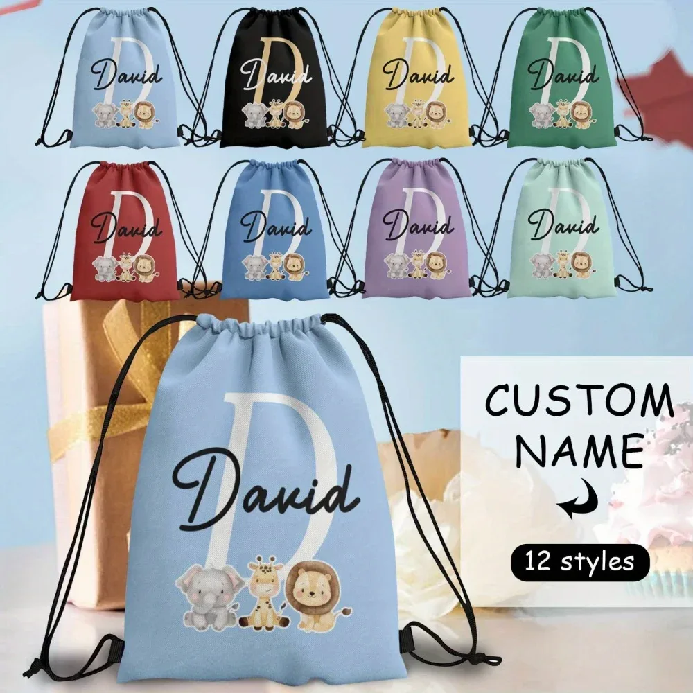 1 sac à dos à cordon personnalisé sur le thème des animaux mignons, 12 options de couleurs au choix, personnalisation du nom.