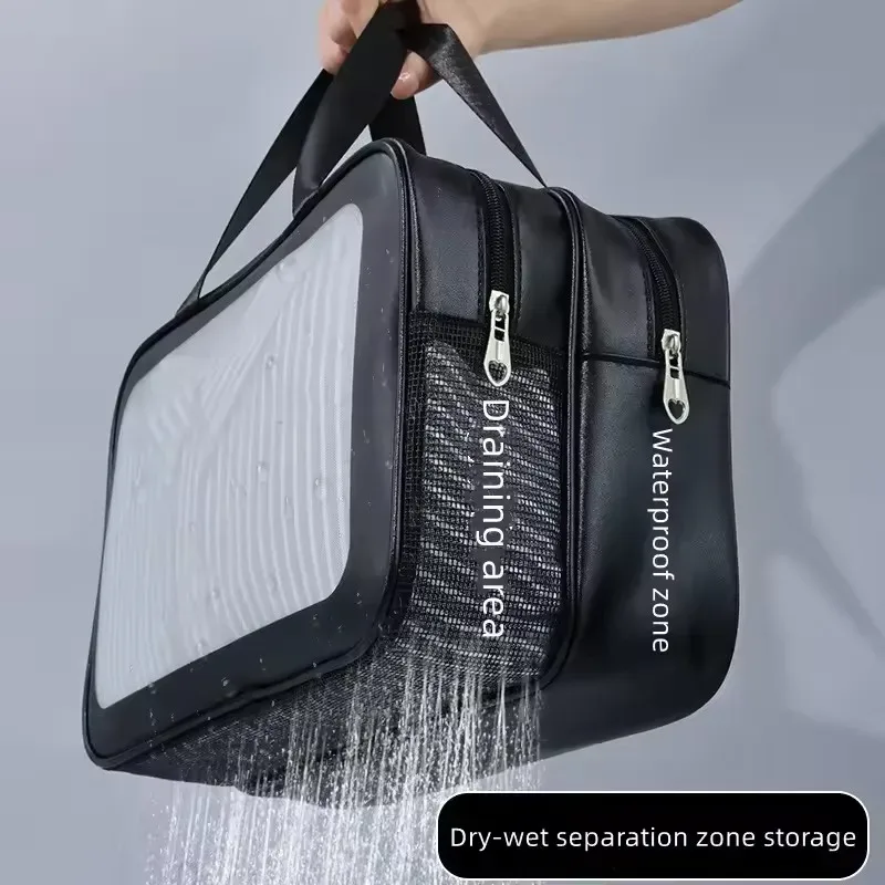 sac de maquillage double transparent en pu avec séparation sec-humide, sac de rangement cosmétique portable pour les voyages, le fitness et la natation