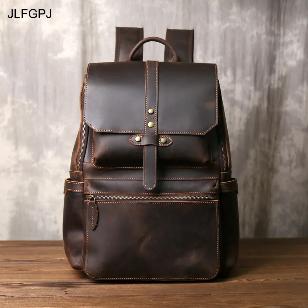 sac à dos rétro en cuir crazy horse durable pour homme, cuir de première qualité, grande capacité, boucle à fermeture éclair, sac d'ordinateur pour voyage en plein air