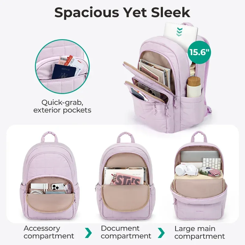 sac à dos scolaire bagsmart pour fille, sac à dos matelassé décontracté, résistant à l'eau, pour ordinateur portable de 15,6 pouces, sac à dos tendance pour l'université