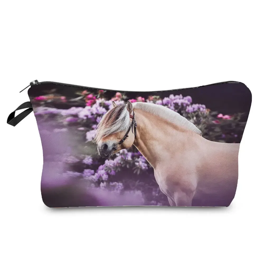 sacs de maquillage imprimés cheval pour femmes, sac à cosmétiques décontracté pour filles, mini trousse de toilette écologique réutilisable de voyage, trousse à crayons pour étudiants