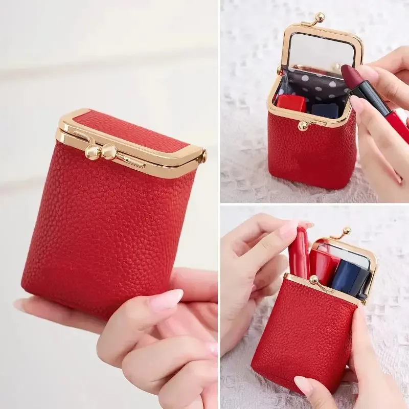 1 pièce mini trousse de maquillage portable en cuir pu pour femme, pochette de rangement pour rouge à lèvres, bijoux, écouteurs et monnaie, simple, avec miroir