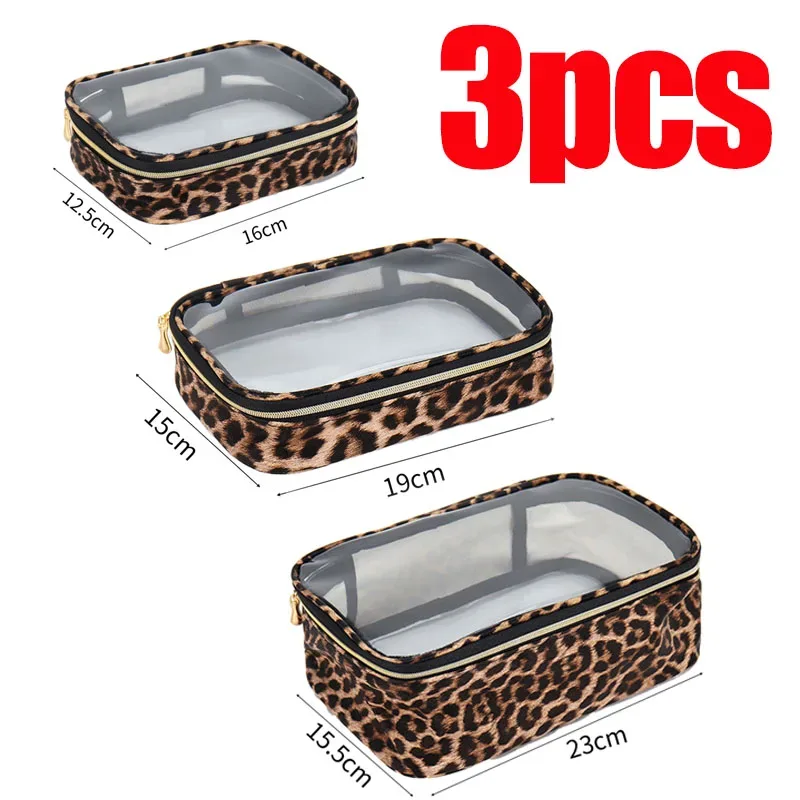 1/3 pièces transparent imprimé léopard sac de maquillage grande capacité étanche clair sac cosmétique voyage maquillage cosmétique organisateur fermeture éclair